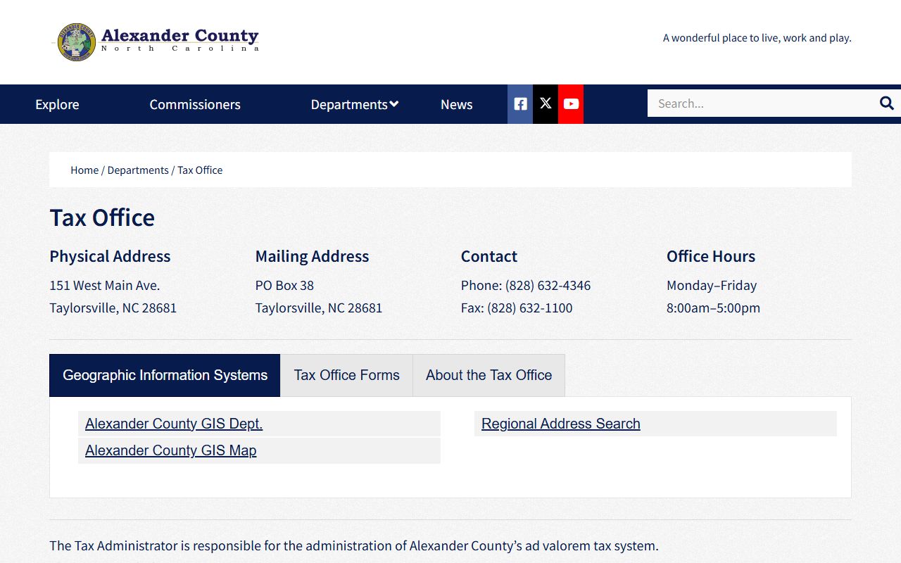 Alexander County Tax Office website for property taxes and potential surplus funds