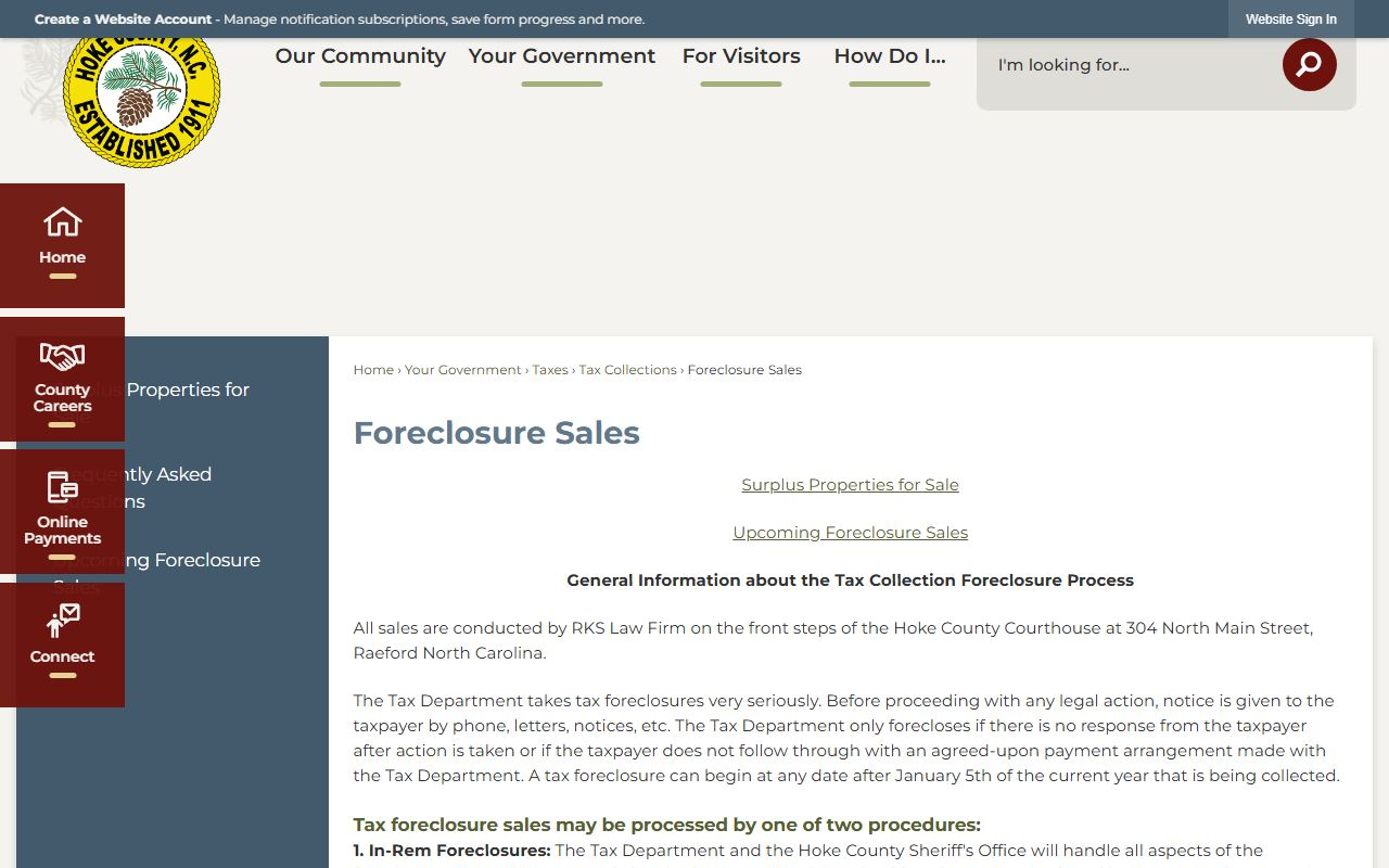 Hoke County foreclosure sales page for tax foreclosure properties and surplus funds