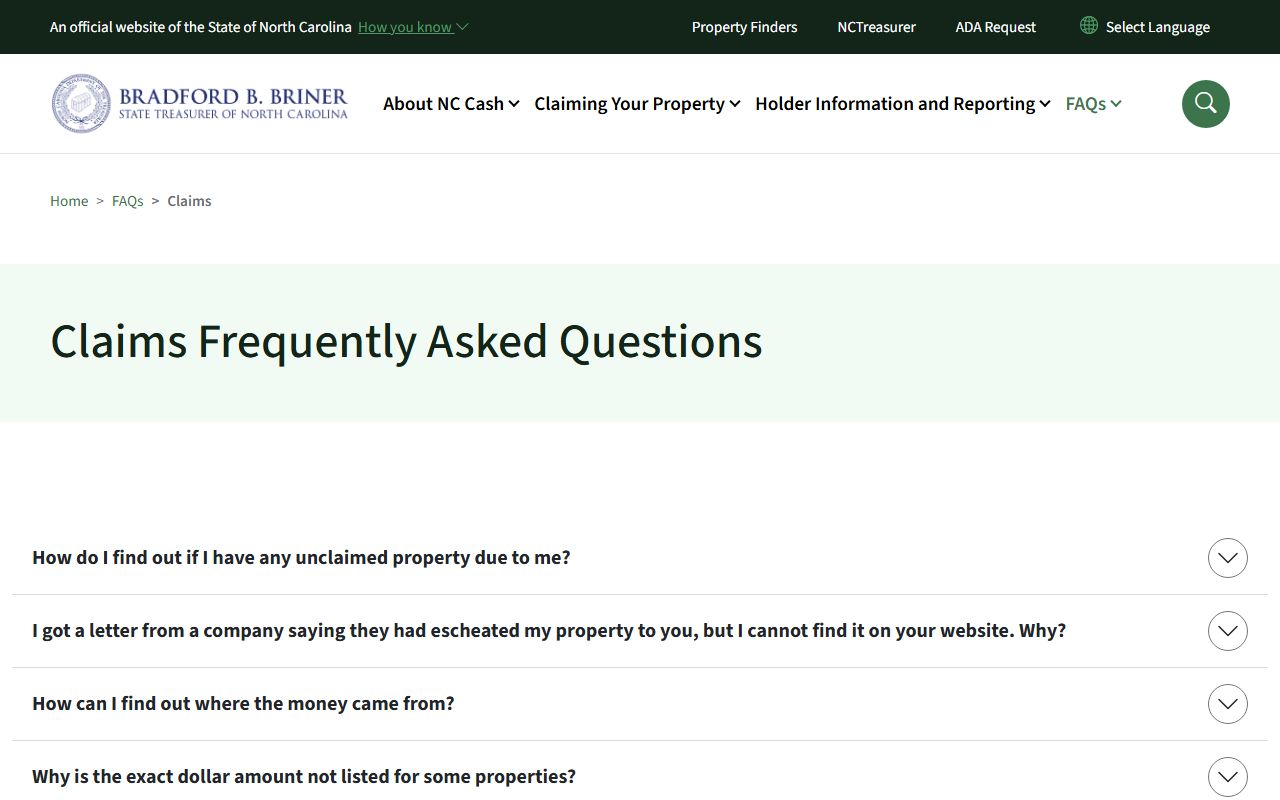 Claims FAQ for North Carolina unclaimed money from NC Treasurer