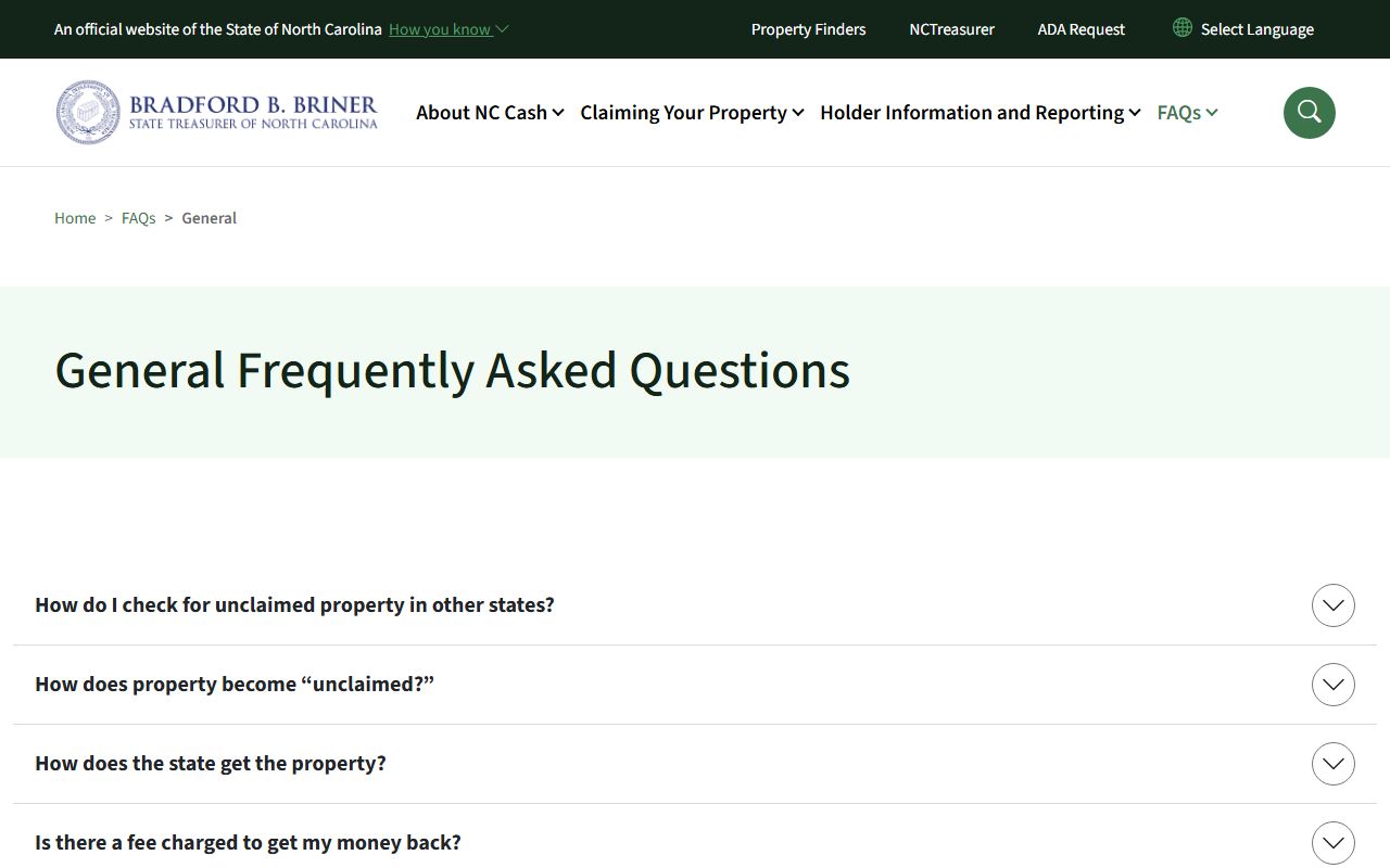 General FAQ page about North Carolina unclaimed money from the NC Treasurer