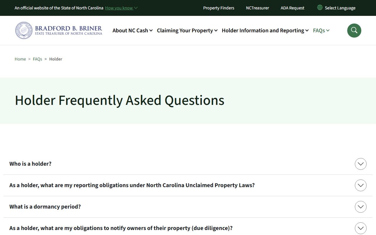 Holder FAQ for North Carolina unclaimed money reporting