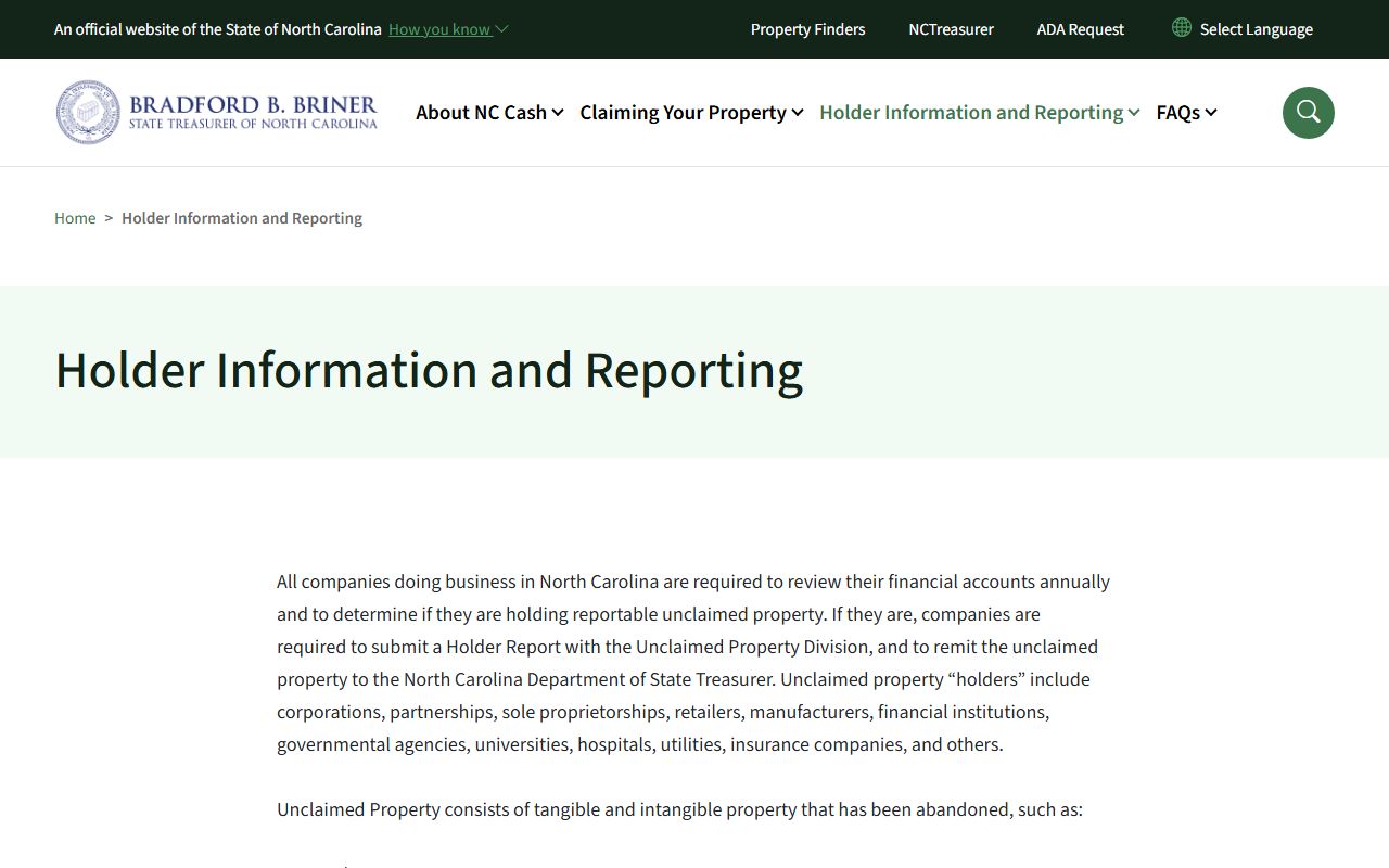 Holder information page for reporting North Carolina unclaimed money