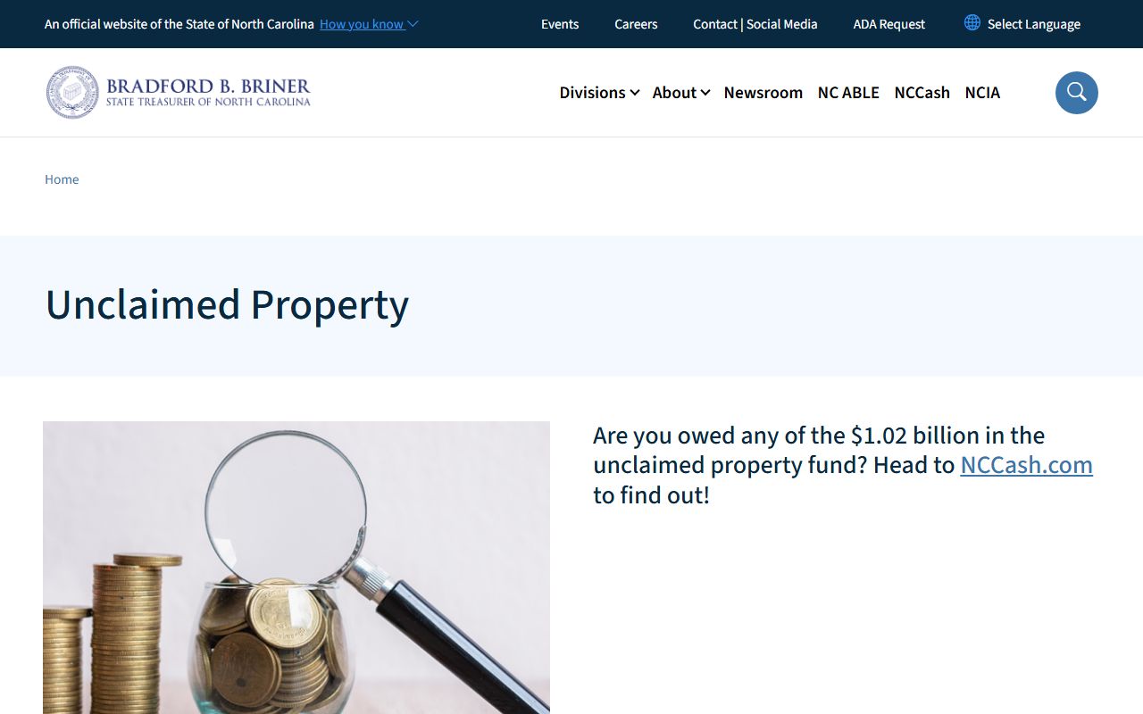 NC Treasurer unclaimed property page for North Carolina unclaimed money
